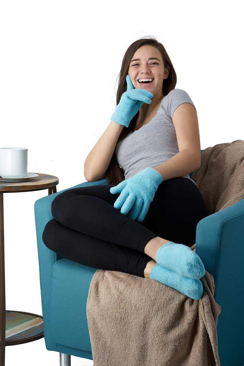 NatraCure Moisturizing Gel Booties and Gloves Set - (For dry skin, dry hands, feet, cracked heels, cuticles, rough skin, dead skin, use with your favorite lotions) - 155/175-AQ/RET - Color: Aqua - BeesActive Australia