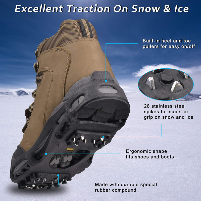 Ice Snow Cleats for Shoes and Boots,Walk Traction Cleats Crampons for Men Women Walking on Ice and Snow Anti Slip 28 Spikes Shoes Ice Traction Cleats 28 Steel with Strap X-Large(10.5-13 men/11.5-14 women) - BeesActive Australia