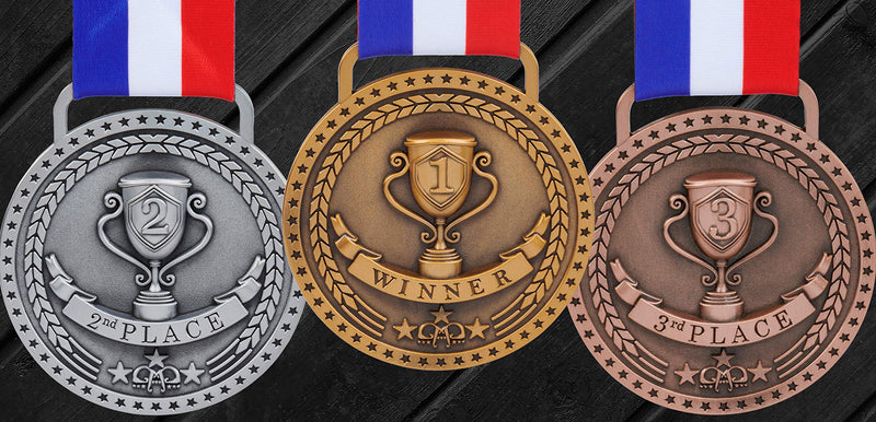 Gold Silver Bronze Medals for 1st 2nd 3rd Place Trophy Awards, Bright or Antique Finish with Attached Red White Blue Satin Ribbon - Sold Separately Antique Bronze - BeesActive Australia