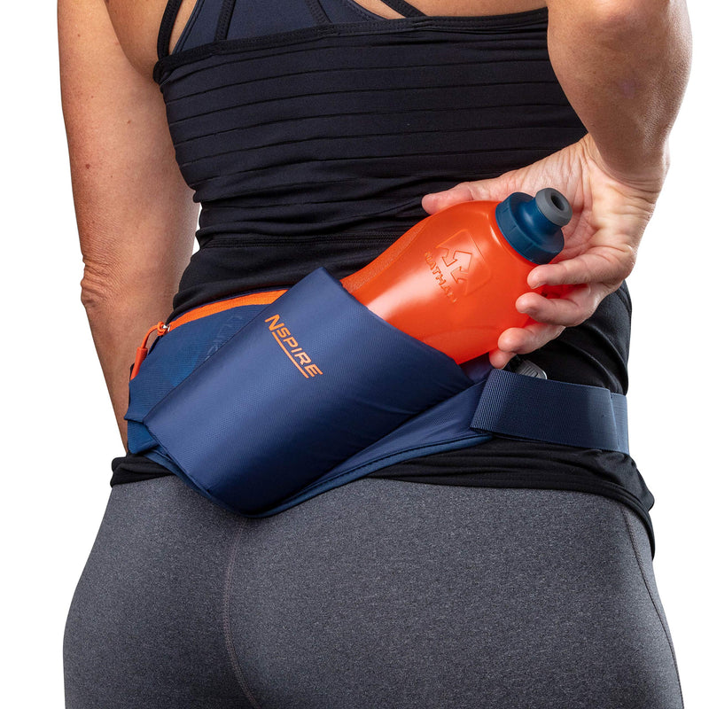 Nspire Hydration Waist Pack Bottle with 18oz Flask and Storage Area – Running, Hiking, Walking, Camping, Cycling, True Navy/Tigerlily - BeesActive Australia