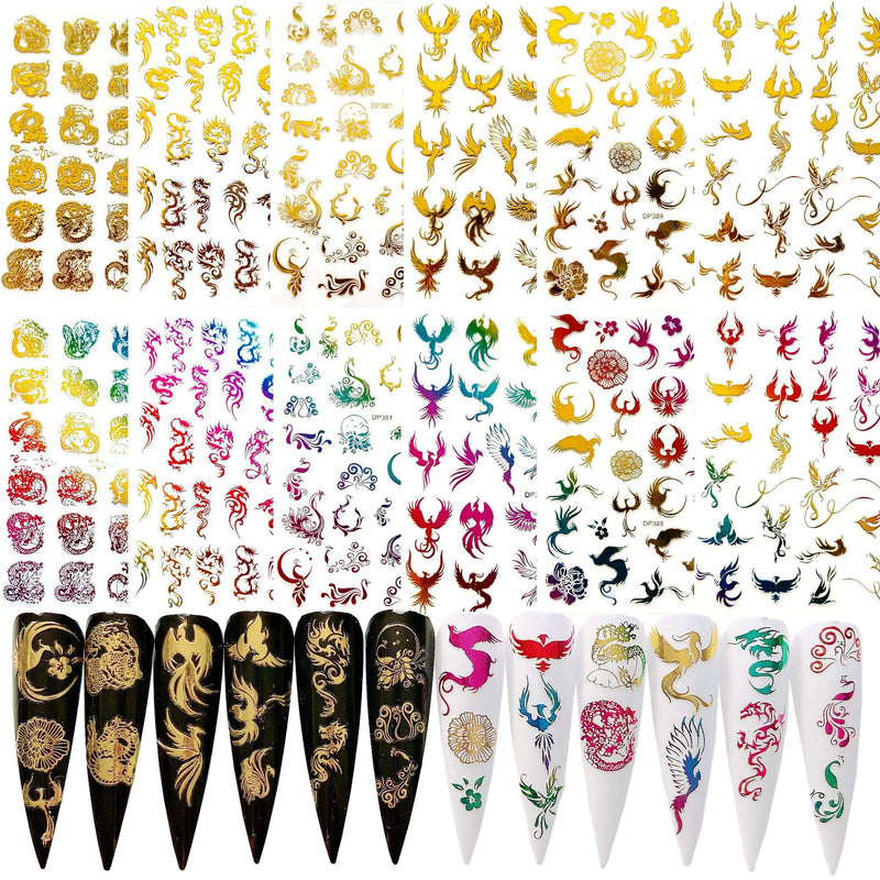 NAIL ANGEL 12Sheets Nail Art Adhesive Sticker Sheets Gold and Rainbow Color Dragon Peacock Phoenix Shapes Nail Art Decoration 10257 - BeesActive Australia