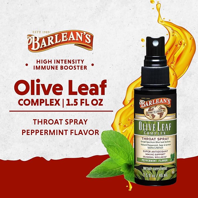 Barlean's, Fresh Olive Leaf Complex, Throat Spray, Soothing Peppermint Flavor, 1.5 oz (44.4 ml) - BeesActive Australia