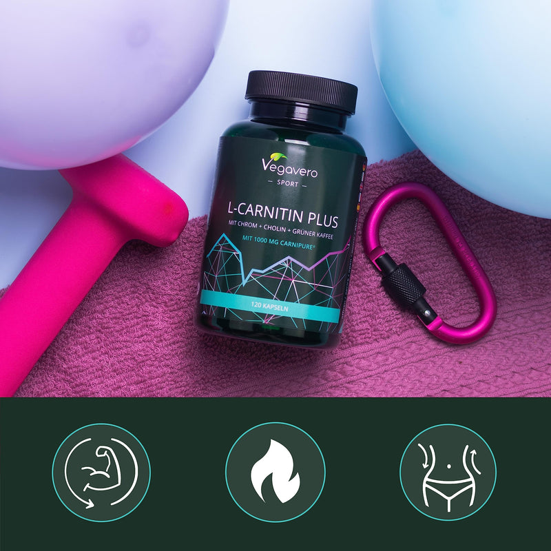 L-Carnitine Vegavero® | with Choline, Chromium, B Vitamins and Green Coffee Bean Extract | NO Additives | Pre-Workout, Weight Management & Muscle Recovery | 120 Carnitine Capsules | Vegan - BeesActive Australia