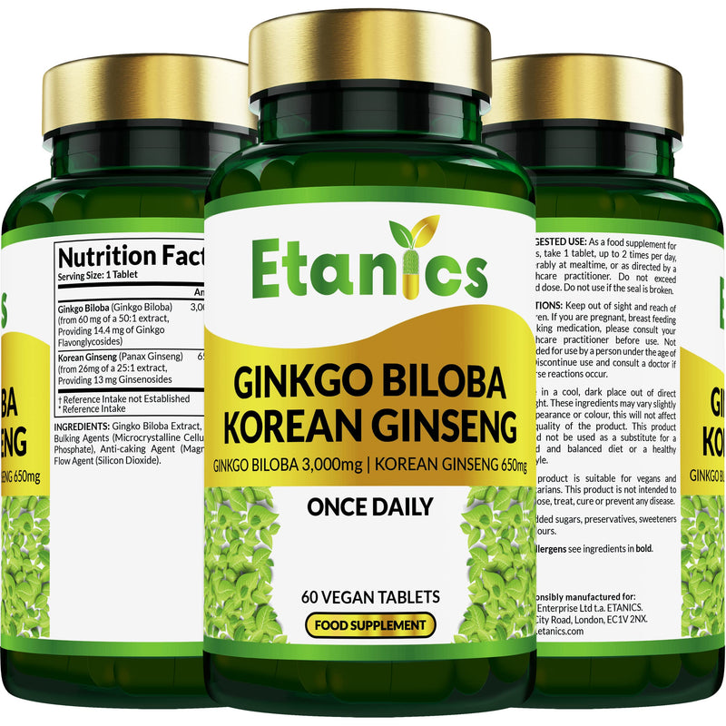 Etanics Ginkgo Biloba 3000mg & Ginseng 650mg Tablets | Memory, Cognitive Functions & Sexual Health for Vegetarians and Vegans - Made in The UK - BeesActive Australia