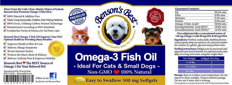 Benson's Best Omega-3 Fish Oil for Dogs (1000 mg) or Cats & Small Dogs (500 mg) - Provides 43% More Omega-3 Fatty Acids Than Salmon Oil! 100% Pure, Non-GMO, Natural Pet Food Supplement 500 mg Softgel Capsules for Cats & Small Dogs - BeesActive Australia