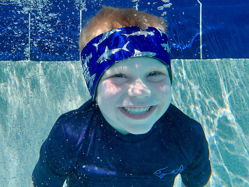 EAR BAND-IT Ultra Swimming Headband - Best Swimmer's Headband - Keep Water Out, Hold Earplugs in - Doctor Recommended - Secure Ear Plugs - Invented by ENT Physician Small (ages 3mo to 1yr) Sharks - BeesActive Australia