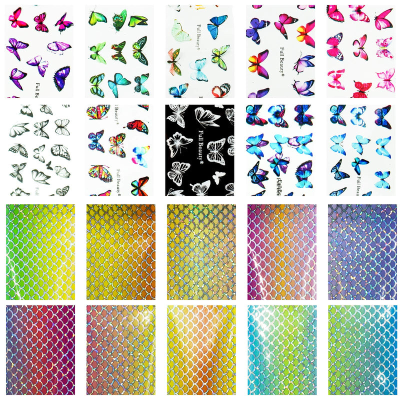 21 Sheet Iridescent Holographic Nail Foil Transfer Sticker with 10pcs Mermaid Foils, 10pcs Butterfly Nail Foils, Fish Nail Wrap Stickers for Kids Girls Teen Women, Nail Polish, Gel Nail, Acrylic Nails Mermaid Foil+Butterfly Foil - BeesActive Australia