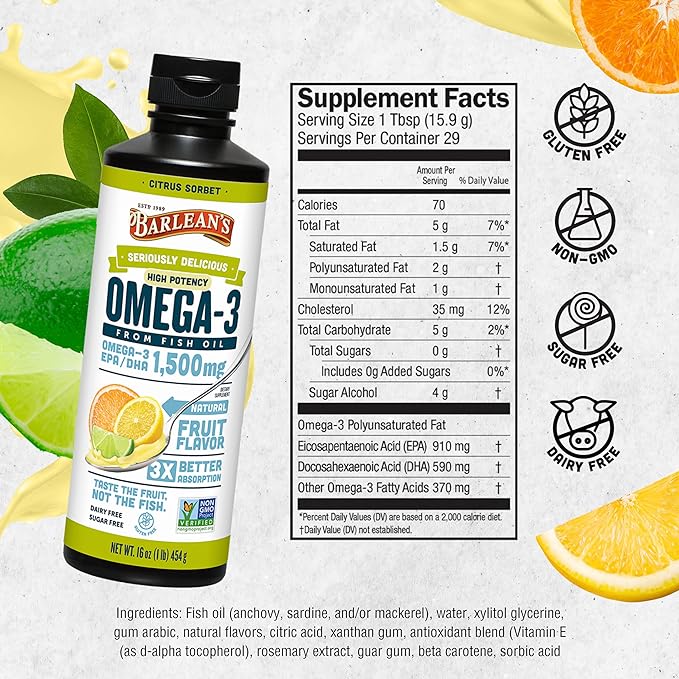 Barlean's, Seriously Delicious, Omega-3 Fish Oil, Citrus Sorbet, 16oz (454g) - BeesActive Australia