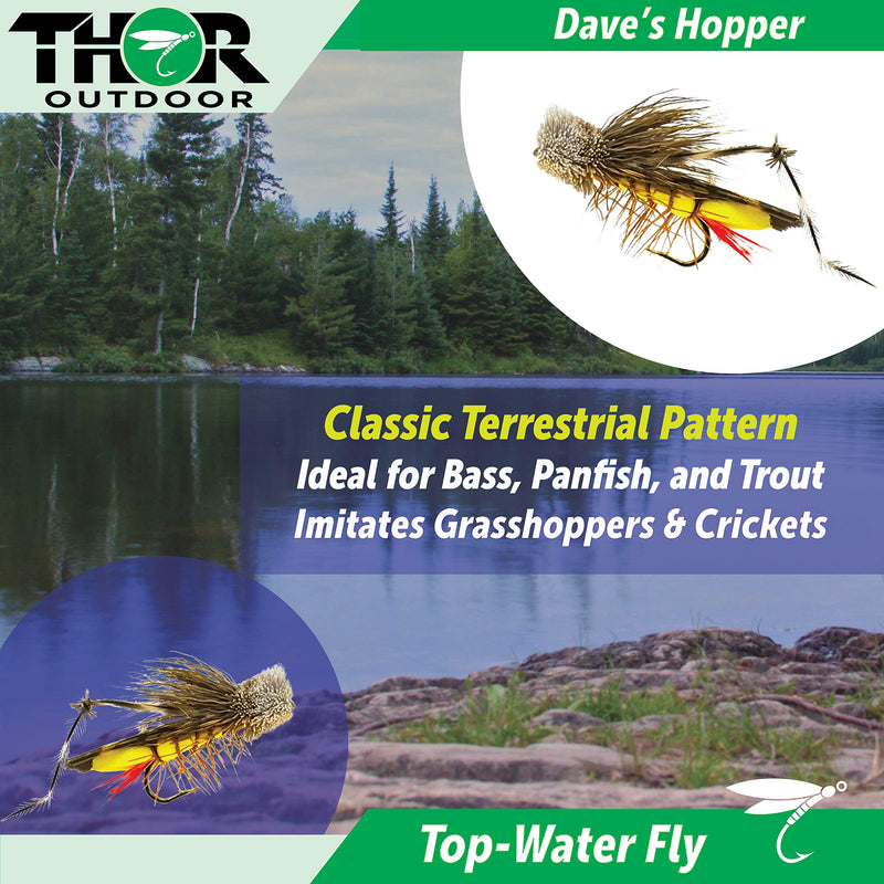Thor Outdoor Dave's Hopper - 3 Pc Topwater Fly Fishing Set - Dry Flies for Bass, Panfish, Trout - Hook Size 10 - BeesActive Australia