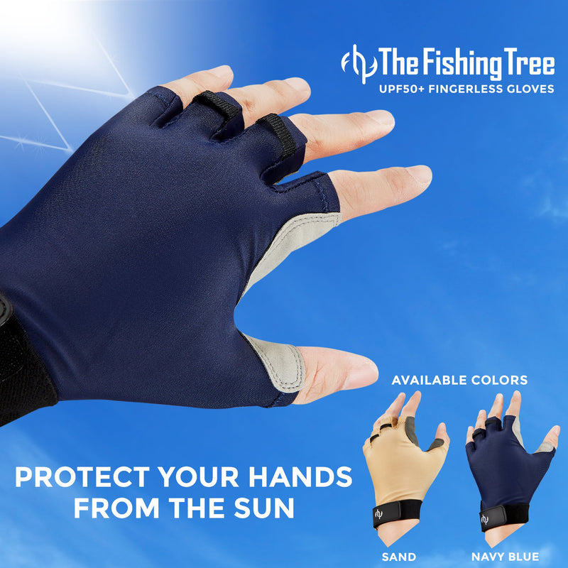 [AUSTRALIA] - The Fishing Tree Fingerless Fishing Gloves, Certified Sun Protection UPF50+ Block, Kayak, Hiking, Paddling, Sailing, Rowing, Driving, Protect Hands from Sun Damage, Chemical Free Adventure Navy Small 