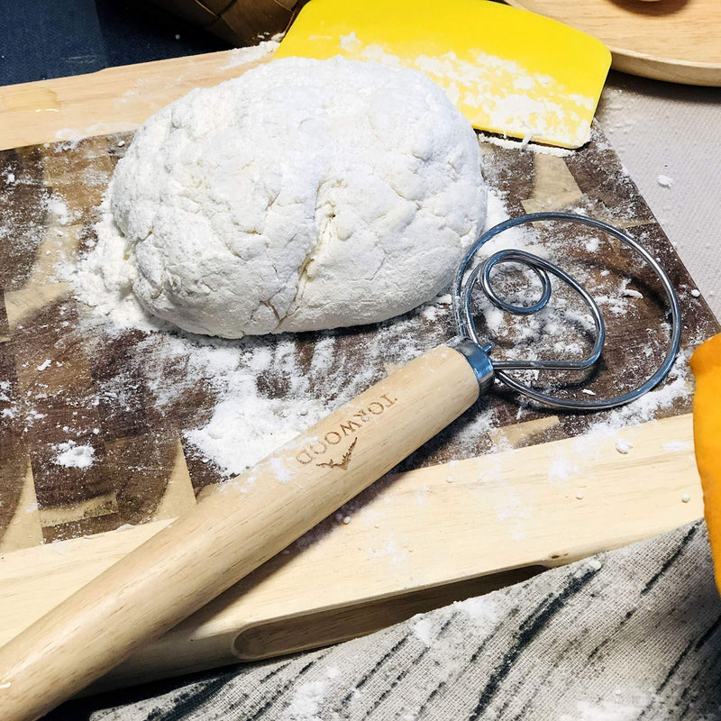 2 Pack Danish Dough Whisk Large 13.5 inches Torwood Stainless Steel Wooden Dutch Style Hook for Baking, Loaves, Pastries and Pizza, comes with a Dough Scraper 2 - BeesActive Australia