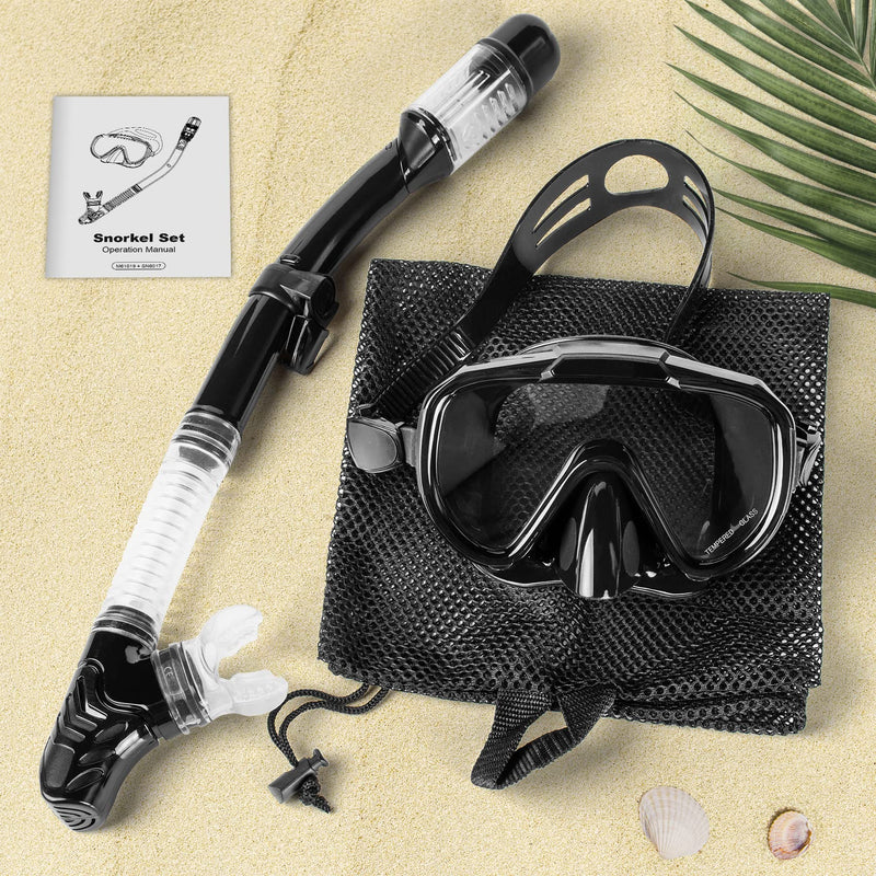 Snorkel Set, Zipoute Snorkel Dry Top Snorkeling Gear for Adults, Panoramic Anti-Leak and Anti-Fog Tempered Glass Lens, Adults Adjustable Snorkeling Set, Scuba Diving Swimming Training Snorkel Kit Black - BeesActive Australia