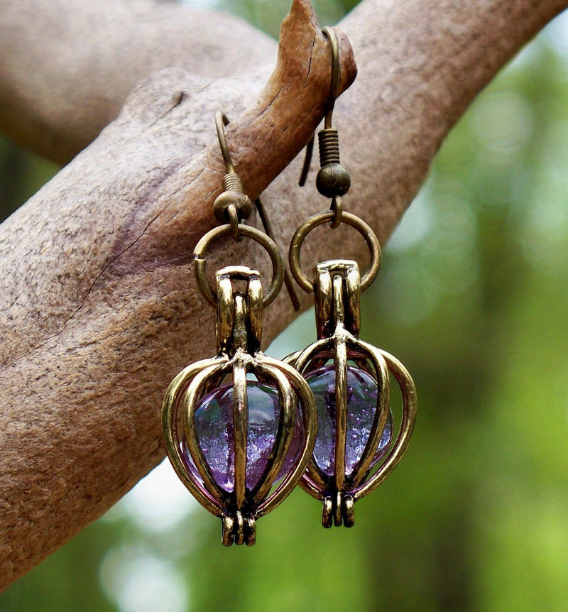 Recycled Antique Purple Medicine Bottle Brass Drop Earrings - BeesActive Australia