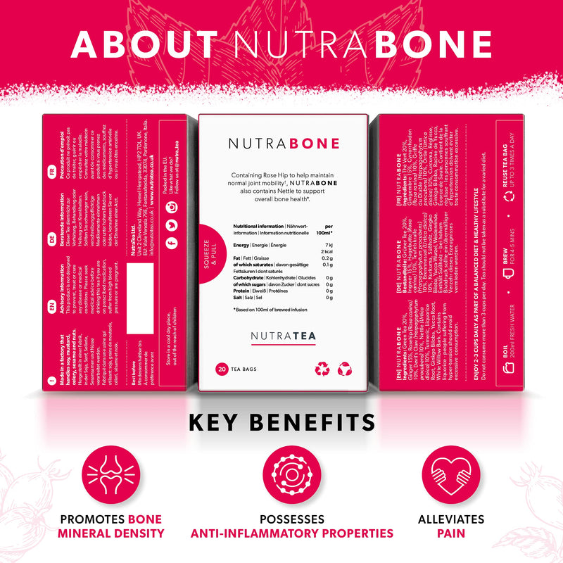 NUTRABONE - Bone Health Tea | Bone Strength Tea - Maintains Bone Density & Joint Care - Includes Ginkgo Biloba, Rosehip & Devil's Claw - 60 Enveloped Tea Bags - by Nutra Tea - Herbal Tea - (3 Pack) 20 Count (Pack of 3) - BeesActive Australia