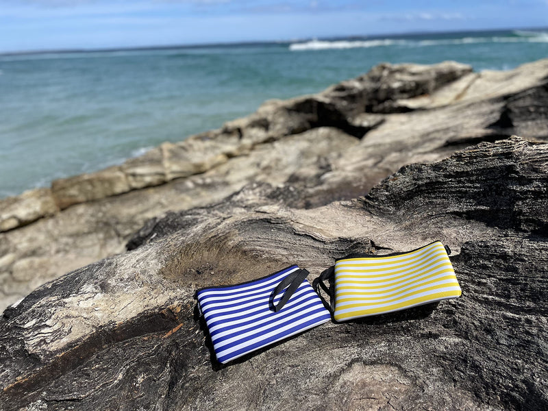 Scout + Ochre Neoprene Swimsuit Bag Pouch with Zipper - Waterproof Wet Bag for Swimwear, Diapers, Cosmetics, Travel Toiletries - great for Beach, Pool, Strollers, Gym - 11.5x8in (Yellow White Stripe) Yellow White Stripe - BeesActive Australia