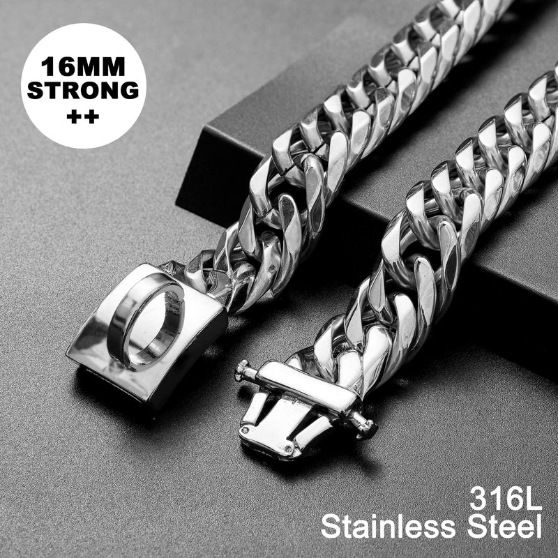 ToBeTrendy Dog Chain Collar Metal Chain Collar with Design Secure Buckle, High Polished Stainless Steel Cuban Link 16MM Heavy Duty Chew Proof Walking Collar for Small Medium Large Dogs 16" - BeesActive Australia
