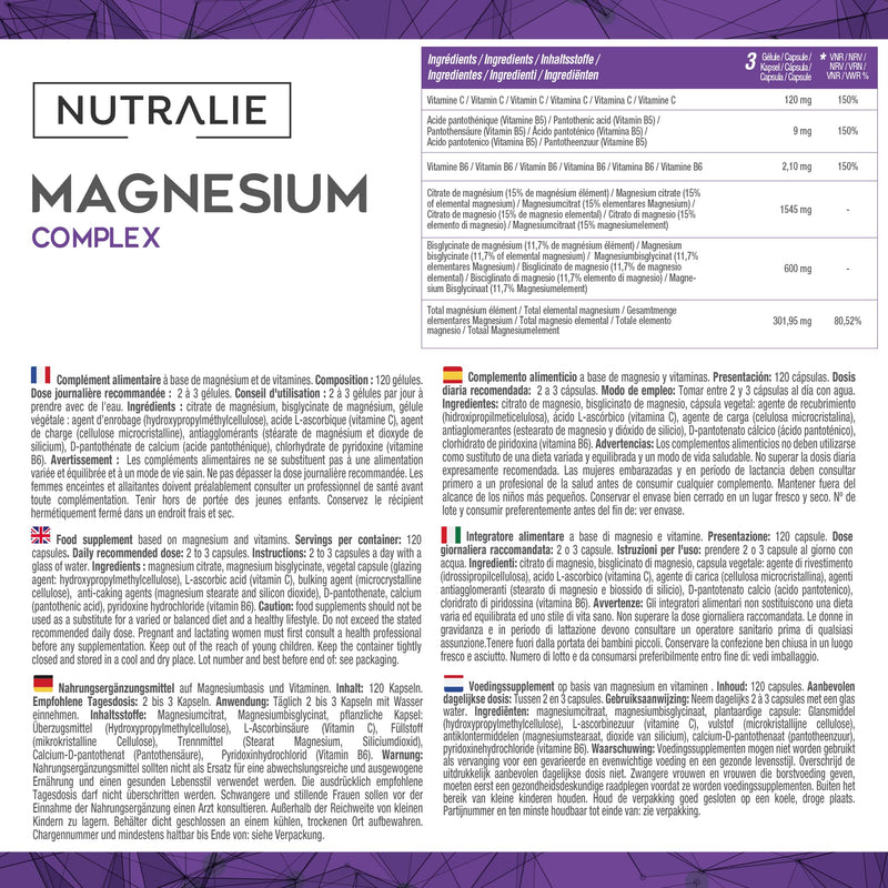 Magnesium Glycinate with Vitamin C, B5 and B6 | Magnesium Bisglycinate and Citrate 100% Bioavailable | 120 Capsules of 715mg | Nutralie - BeesActive Australia