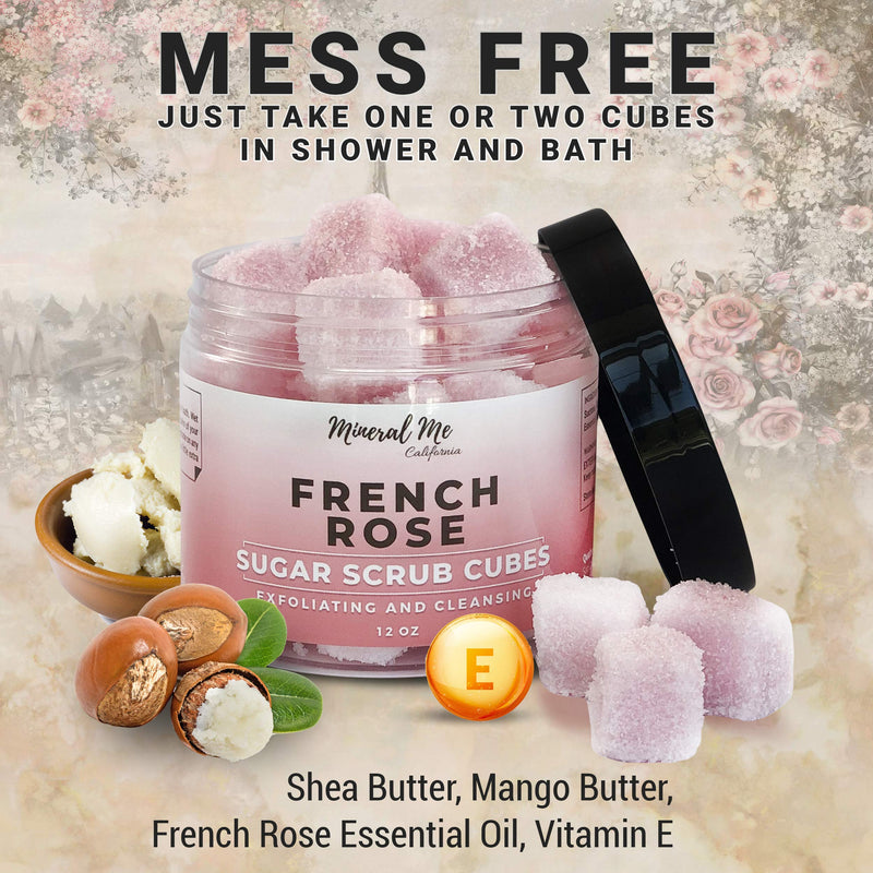 Body Scrub Exfoliator - 12oz FRENCH ROSE Sugar scrub cubes w/Mango Butter & Shea butter- Ultra Hydrating & Moisturizing - All Natural & Organic for all body exfoliation- For hands, arms, legs & foot - BeesActive Australia