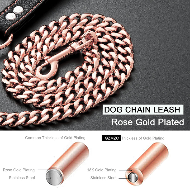 GZMZC Rose Gold Chain Dog Leash 12MM Heavy Duty Dog Leash Chains with Leather Padded Handle for Large Dogs Collar Chain (3FT, 4FT, 5FT 3ft Total Length(Pack of 1) - BeesActive Australia