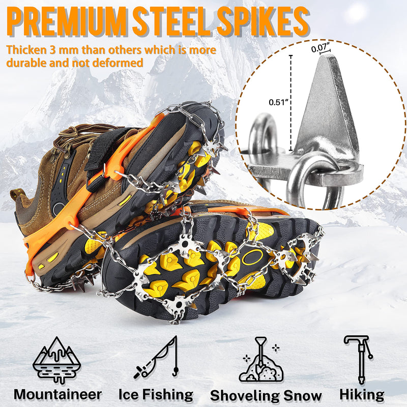 Gelindo Crampons Ice Cleats Traction, 19 Spikes Stainless Steel for Snow Shoes Boots, Safe Protection for Hiking, Walking, Climbing, Jogging, Mountaineering on Snow Muddy Road Anti-Slip Orange Large - BeesActive Australia