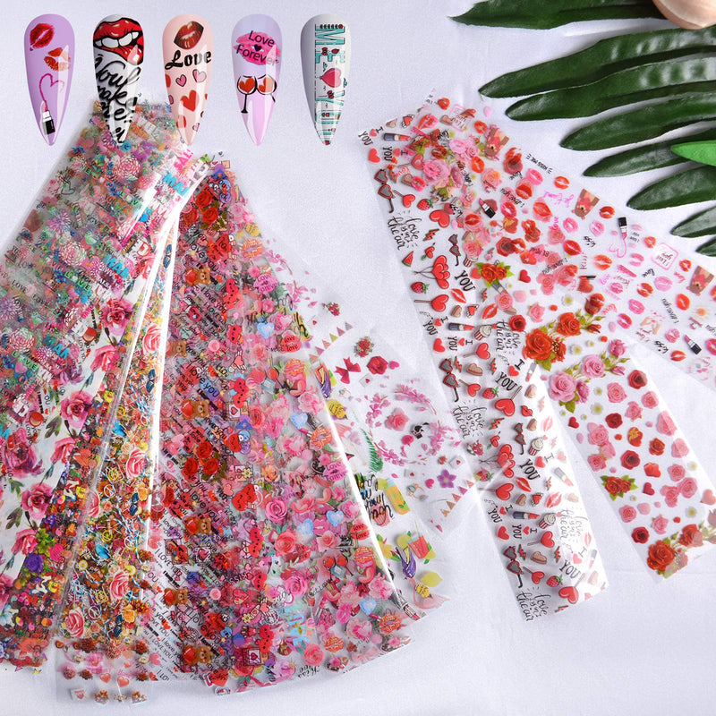 50PCS Valentine's Day Nail Foil Transfer Stickers, EBANKU Multiple Style Nail Foil Lips Heart Flower Nail Art Transfer Stickers Decals, for Valentine's Day Nail Art DIY Decoration 50pieces - BeesActive Australia