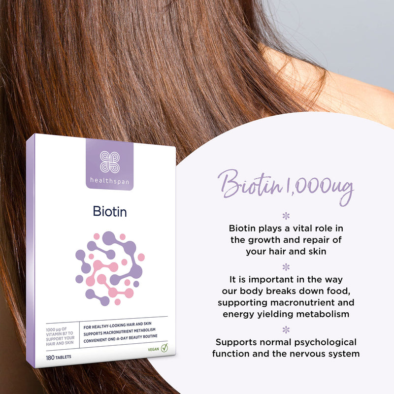 Healthspan Biotin 1,000?g (6 Months Supply) | Vitamin B for Healthy Hair & Skin | Supports Macronutrient Metabolism | One-a-Day Tablets | Vegan - BeesActive Australia