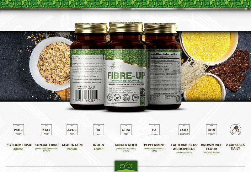 Ezyleaf Fibre-UP Psyllium Husk Capsules | Multi Fibre Supplement + Probiotics & Prebiotics | Inulin, Glucomannan, Acidophilus Probiotic, Acacia Fibre, Peppermint 120 Caps | Non-GMO Vegan Allergen Free - BeesActive Australia