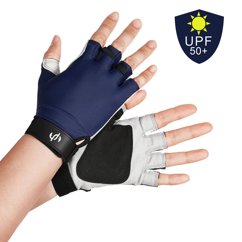 [AUSTRALIA] - The Fishing Tree Fingerless Fishing Gloves, Certified Sun Protection UPF50+ Block, Kayak, Hiking, Paddling, Sailing, Rowing, Driving, Protect Hands from Sun Damage, Chemical Free Adventure Navy Small 