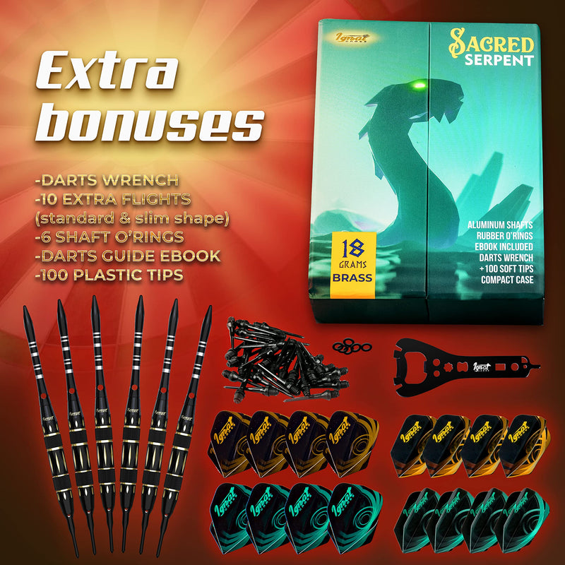 IgnatGames Plastic Tip Darts Set - Soft Tip Darts for Electronic Dart Board - Aluminum Shafts with O'rings, Extra Tips and Extra Flights + Dart Wrench + Innovative Case 18g Sacred Serpent - BeesActive Australia