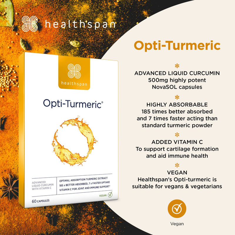 Healthspan Opti-Turmeric | High Strength 500mg Liquid Curcumin | Supports Cartilage Formation | Immune Health | 185 Times Better Absorbed & 7 Times Faster Acting Than Standard Turmeric (60 Capsules) - BeesActive Australia