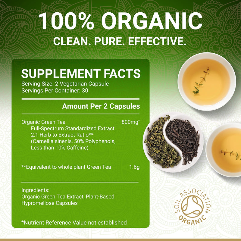 Organic Green Tea Extract Capsules - Certified Organic by Soil Association | 100% Natural Supplement | Natural Low Caffeine Source | Vegan | Ayurveda | 60 Easy Swallow Green Tea Tablets | Made in UK 60 Count (Pack of 1) - BeesActive Australia