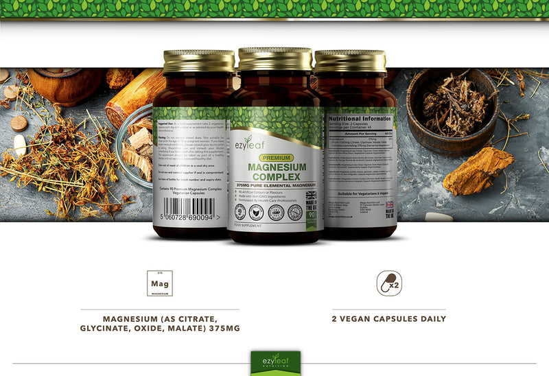 Ezyleaf Magnesium Complex | 375mg Pure Elemental Magnesium Per Serving | Magnesium Glycinate, Magnesium Malate & Magnesium Citrate | 90 Vegan Capsules | ISO Certified, Allergen & Gluten Free | UK Made - BeesActive Australia