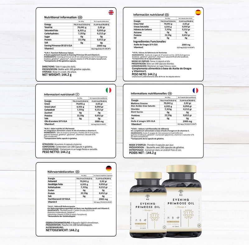Evening Primrose Oil 2000 mg, 10% GLA. 200 Softgel Capsules with Vitamin E and Omega 6. High Strength, Easy Swallow, Cold Pressed. Menopause, Skin and Nails Care. Made in EU. N2 Natural Nutrition - BeesActive Australia