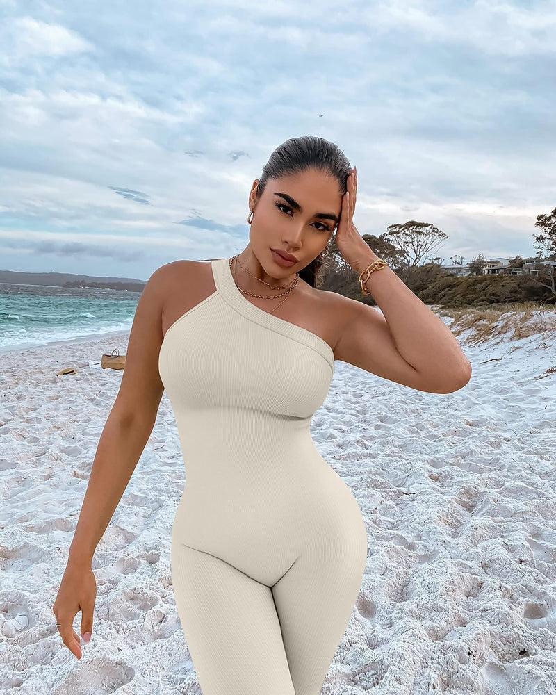 OQQ Women Yoga Jumpsuits Workout Ribbed One Shoulder One Piece Sport Jumpsuits Beige Large - BeesActive Australia