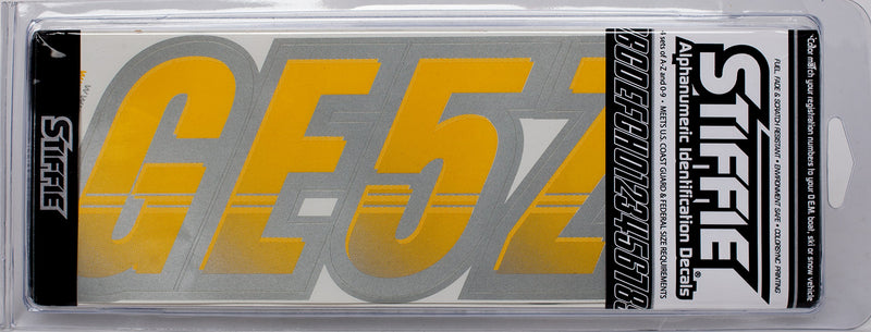 [AUSTRALIA] - Stiffie Techtron Yellow/Silver 3" Alpha-Numeric Registration Identification Numbers Stickers Decals for Boats & Personal Watercraft 