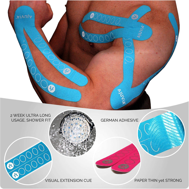 AJUVIA Kinesiology Tape - Lasts UP to 14 Days - Waterproof Athletic Tape - Precut Sports Tape - 10" x 2" (1 Envelope, 3 Colors, 6 Pieces) - BeesActive Australia