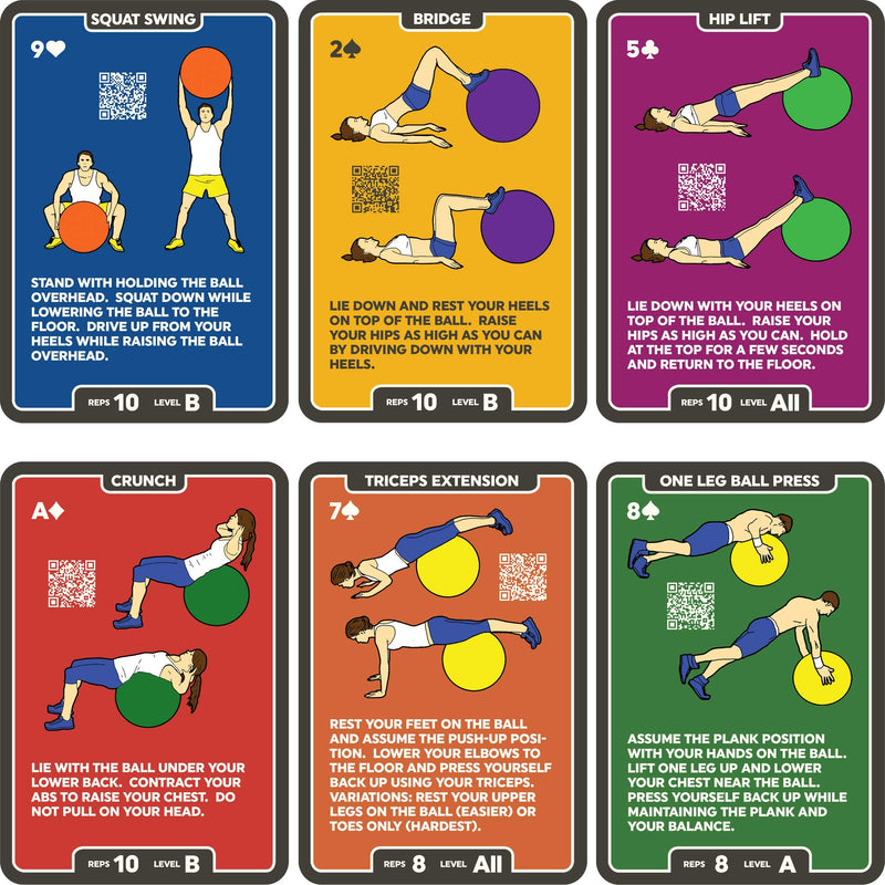 Stack 52 Exercise Ball Fitness Cards. Swiss Ball Workout Playing Card Game. Video Instructions Included. Bodyweight Training Program for Balance and Stability Balls. 2019 Updated Deck - BeesActive Australia