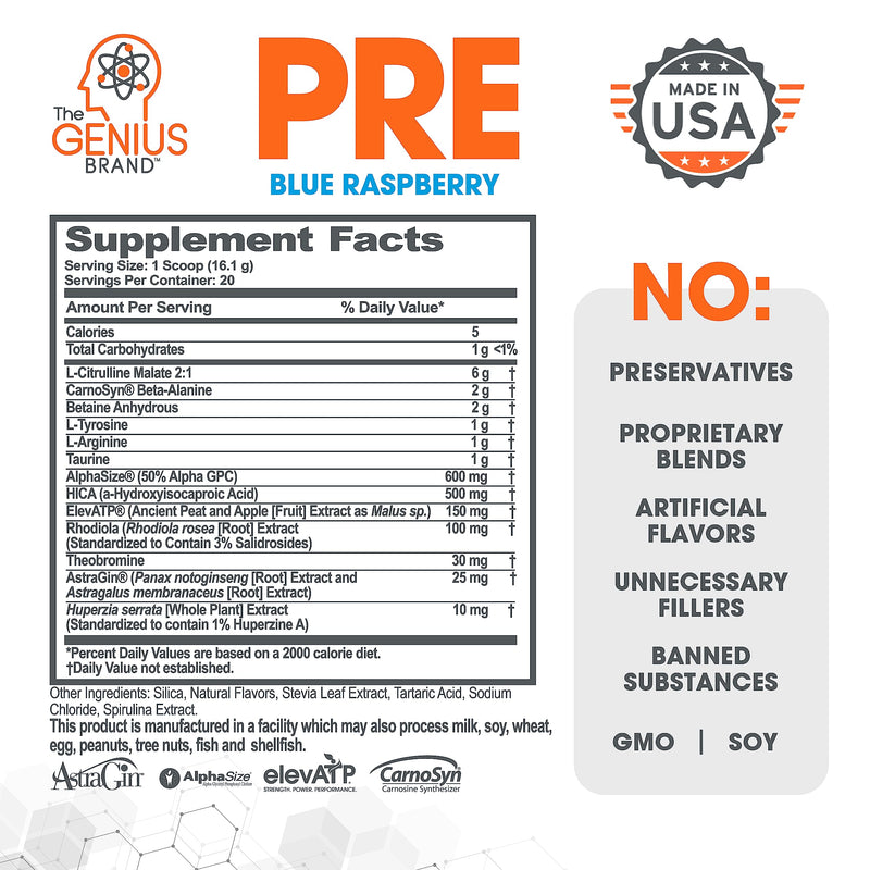 Genius Pre Workout Powder, Blue Raspberry - All-Natural Nootropic Pre-workout & Caffeine-Free Nitric Oxide Booster Supplement with Beta Alanine & Alpha GPC - No Artificial Flavors, Sweeteners, or Dyes - BeesActive Australia