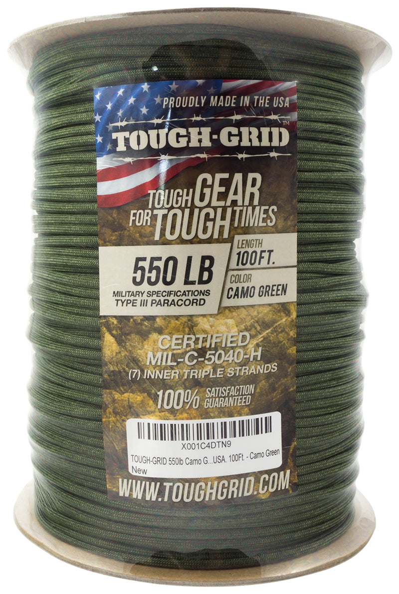 [AUSTRALIA] - TOUGH-GRID 550lb Paracord/Parachute Cord - 100% Nylon Genuine Mil-Spec Type III Paracord Used by The US Military - (MIL-C-5040-H) - Made in The USA. 100Ft. Camo Green 50Ft. (COILED IN BAG) 