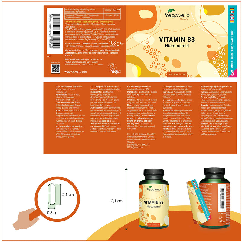 Vitamin B3 Nicotinamide Vegavero� | 500 mg | Flush Free Niacinamide | NO ADDITIVES | 180 Vegan Capsules - BeesActive Australia