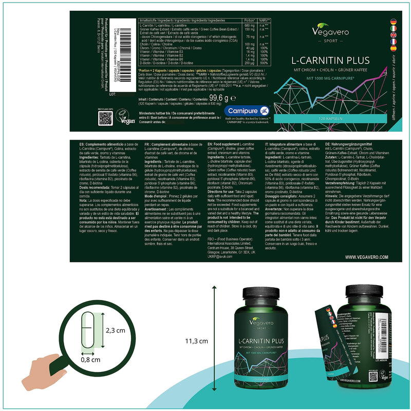 L-Carnitine Vegavero® | with Choline, Chromium, B Vitamins and Green Coffee Bean Extract | NO Additives | Pre-Workout, Weight Management & Muscle Recovery | 120 Carnitine Capsules | Vegan - BeesActive Australia