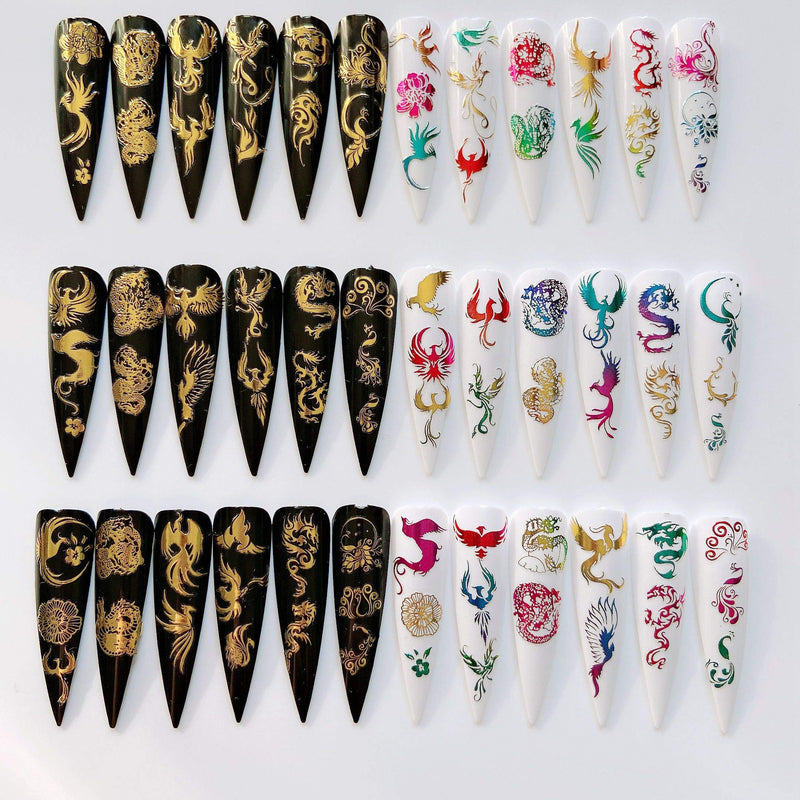 NAIL ANGEL 12Sheets Nail Art Adhesive Sticker Sheets Gold and Rainbow Color Dragon Peacock Phoenix Shapes Nail Art Decoration 10257 - BeesActive Australia