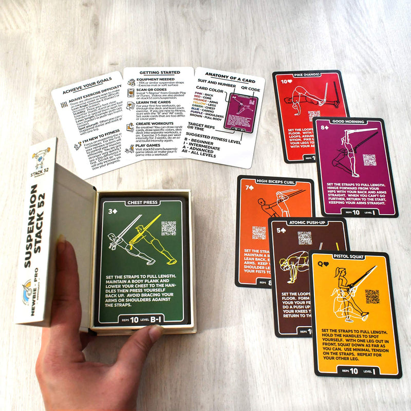 Stack 52 Suspension Exercise Cards. Compatible with All Suspension Trainers. Suspended Bodyweight Resistance Workout Game. Video Instructions Included. Fun Home Fitness Program. 2019 Updated Deck - BeesActive Australia