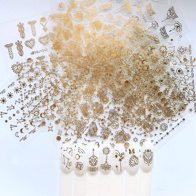 NAIL ANGEL 24 Sheets Nail Art Adhesive Gold Color Sticker Sheets Moon Star Universal Flower Shapes Sticker Sheets Nail Art Deco 10057 - BeesActive Australia