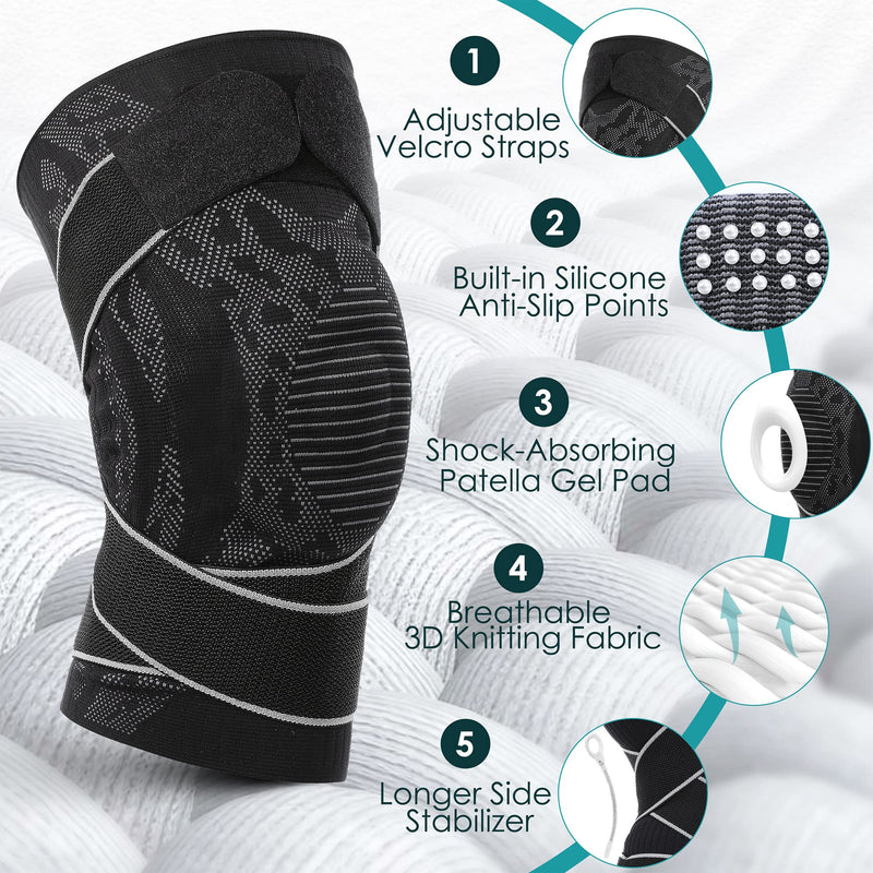Achiou Knee Brace for Knee Pain, Adjustable Knee Compression Sleeve with Side Stabilizers & Patella Gel Pads, Knee Support Pad with Straps for Meniscus Tear, Running, Working Out, Joint Pain X-Large Black - BeesActive Australia