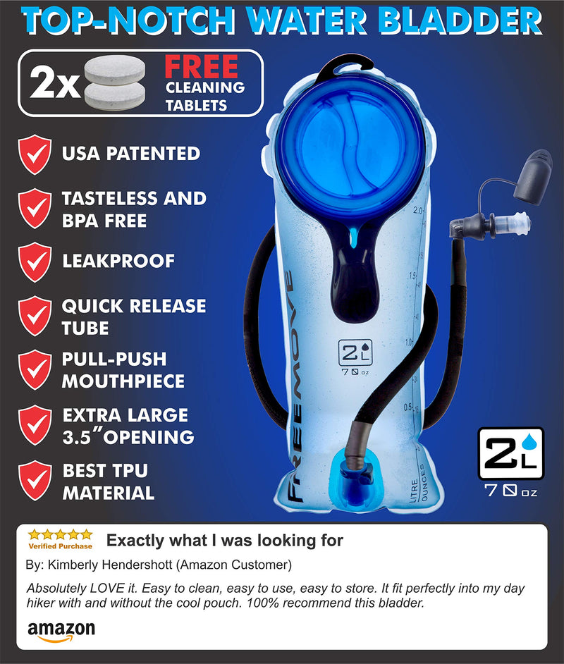 [AUSTRALIA] - FREEMOVE 2L Hydration Bladder Pack with Cleaning Kit or 3L Water Bladder or Cleaning Tabs 24 Pack, Leak Proof and BPA Tasteless TPU Bladder Reservoir Bag, Quick Release Tube, Shutoff Valve 2L Bladder BLUE + Cleaning Kit 