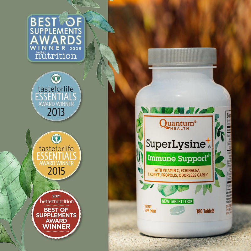 Quantum Health SuperLysine+ Advanced Formula Immune Support Supplement Lysine 1500 mg, Vitamin C Echinacea Licorice Bee Propolis & Odorless Garlic Daily Wellness Blend for Women & Men - 180 Tablets 180 Count - BeesActive Australia