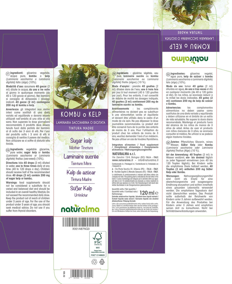 Sugar kelp or Kombu (Laminaria saccharina or L. digitata) Thallus (Seaweed) Alcohol-Free Mother Tincture Naturalma | Liquid Extract Drops 120 ml | Food Supplement | Vegan 120 ml (Pack of 1) - BeesActive Australia