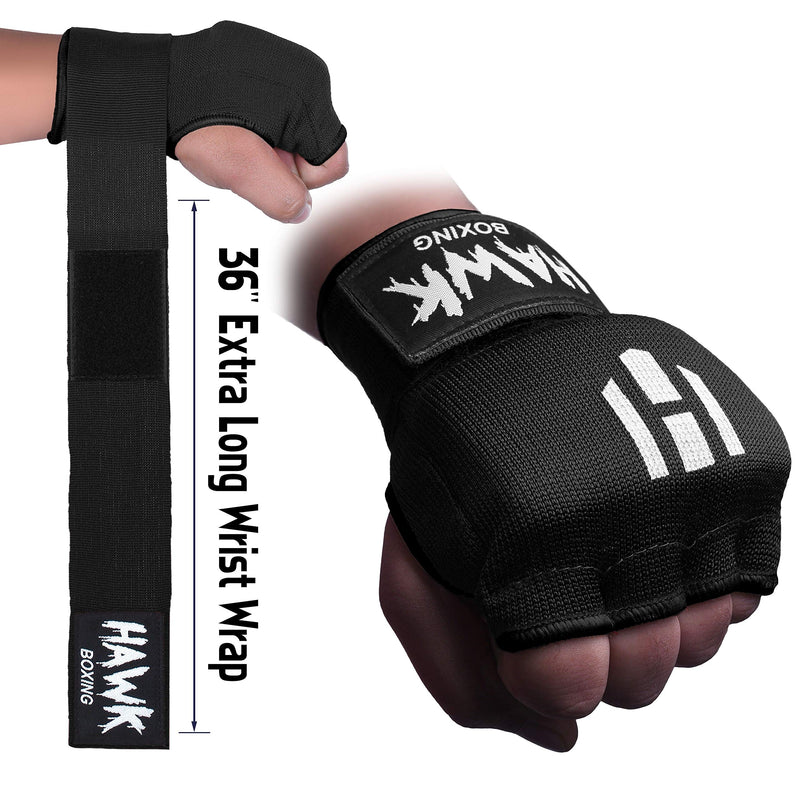 [AUSTRALIA] - Hawk Padded Inner Gloves Training Gel Elastic Hand Wraps for Boxing Gloves Quick Wraps Men & Women Kickboxing Muay Thai MMA Bandages Fist Knuckle Wrist Wrap Protector Handwraps (Pair) Black L-XL 