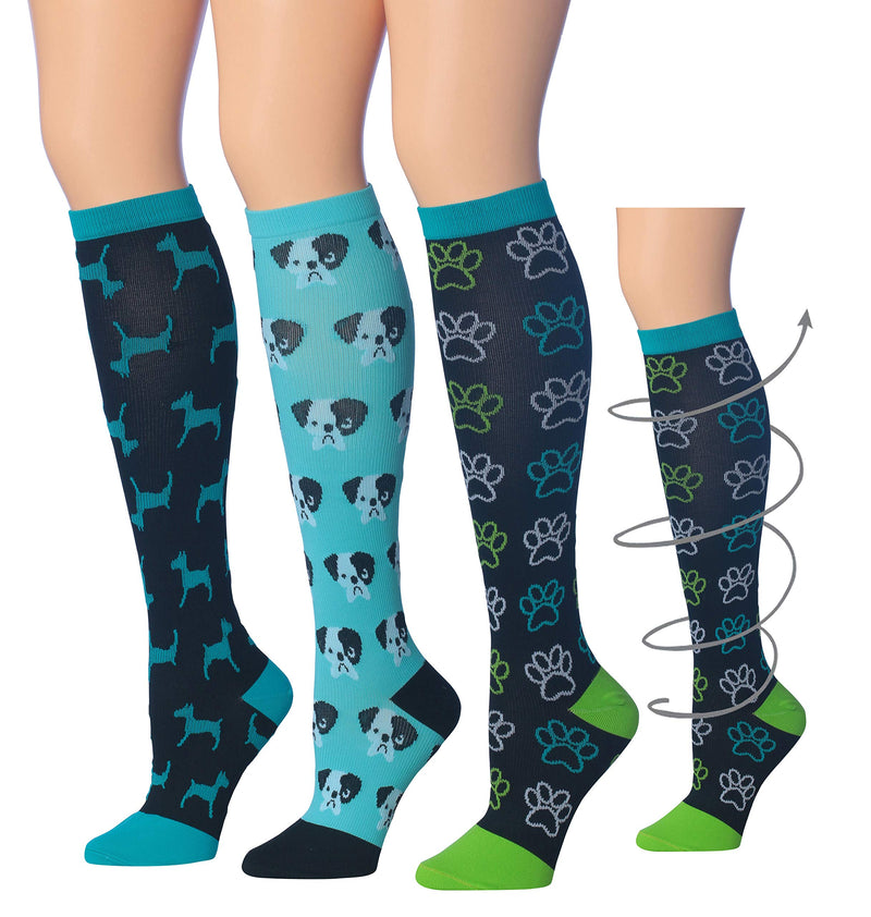 [AUSTRALIA] - Ronnox Compression Socks for Men & Women Colorful Patterned Knee High Socks (16-20 mmHg / 12-14 mmHg) 3-Pairs Dogs Shoe Size: 5-9 